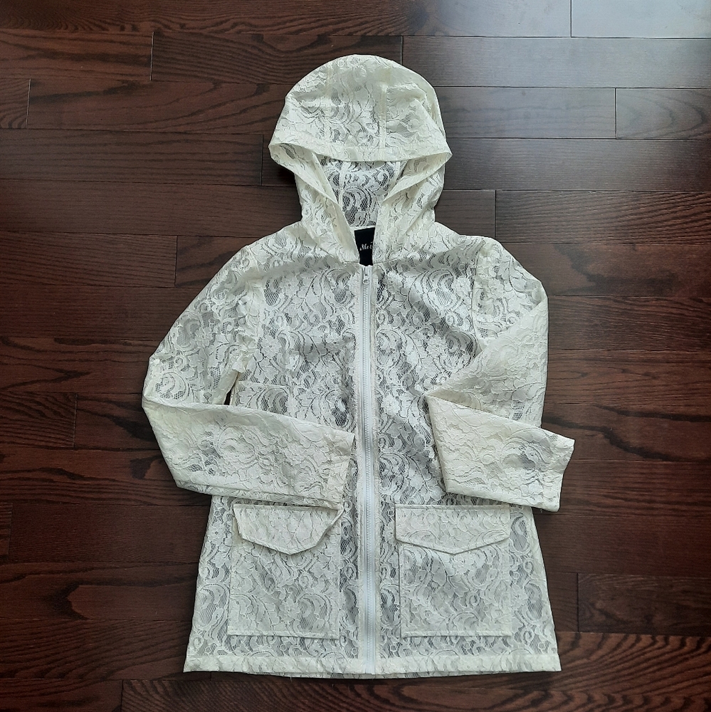 Rain Jacket: Me Jane Creamy White Lace Patterned Jacket